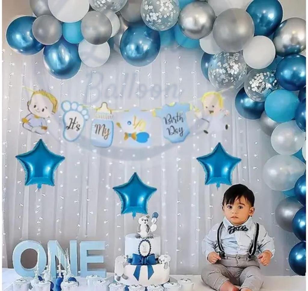 it's my half birthday, 6 month blue colour theme birthday decoration combo, star foil, led light, metallic balloons, paper banner total pack of 34  items