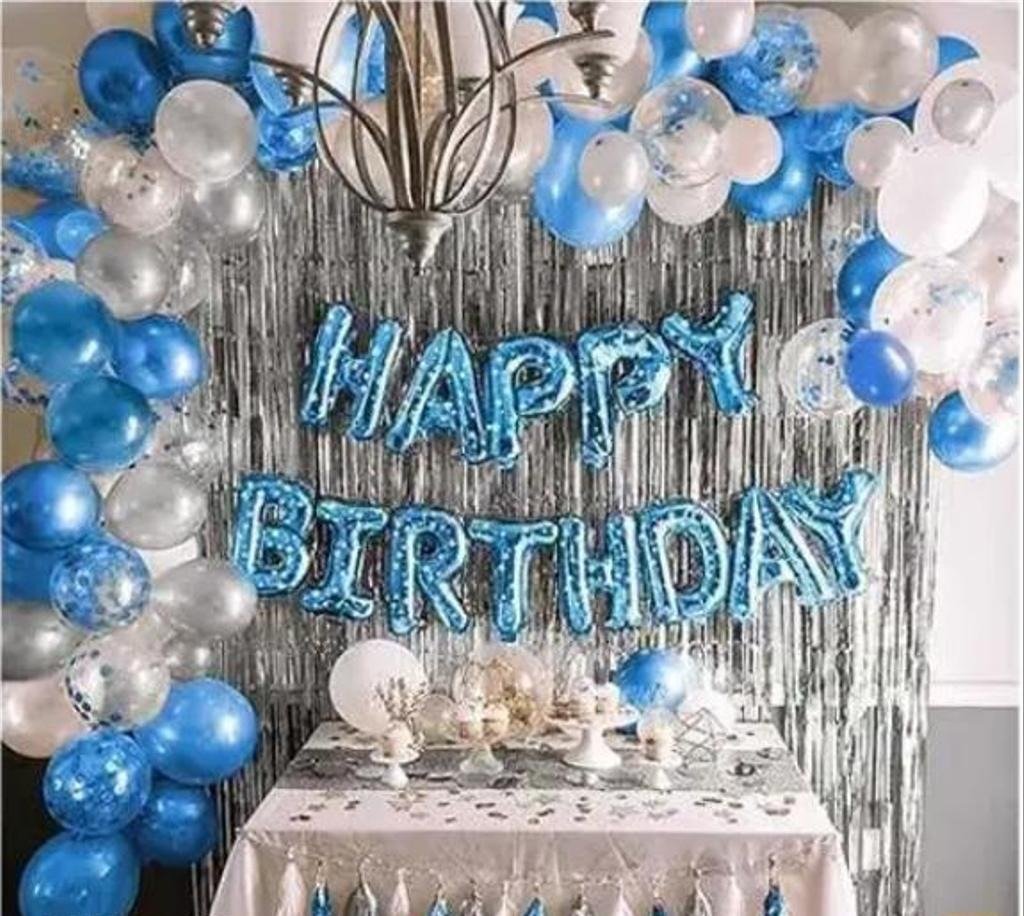 Set of 35 Pcs Happy Birthday Decoration Kit Combo - Pink Happy Birthday Letters , Silver Curtains , Pink & Silver Metallic Foil Balloons Theme Lifestyle Room Setup