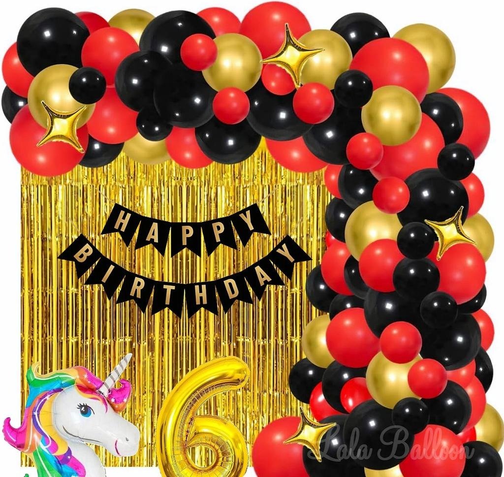 6th Happy Birthday Decoration kit Combo of 40 Pcs for Birthday Decor (Set of 40) Happy birthday banner of1pcs + 02pcs fringe foil curtain + 05pcs star foil + 30pcs metallic balloon + Unicorn 1pcs +Number Foil Balloon 1pcs with ribbon
