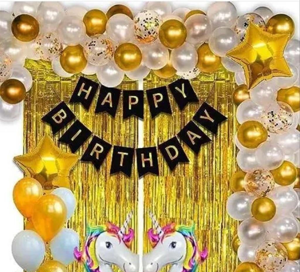 Happy birthday banner 30 pcs balloon gold white 2 pcs golden foil curtian 2 pcs gold star foil balloon 1 pcs ribbon 2 pcs uncrown foil balloon birthday items