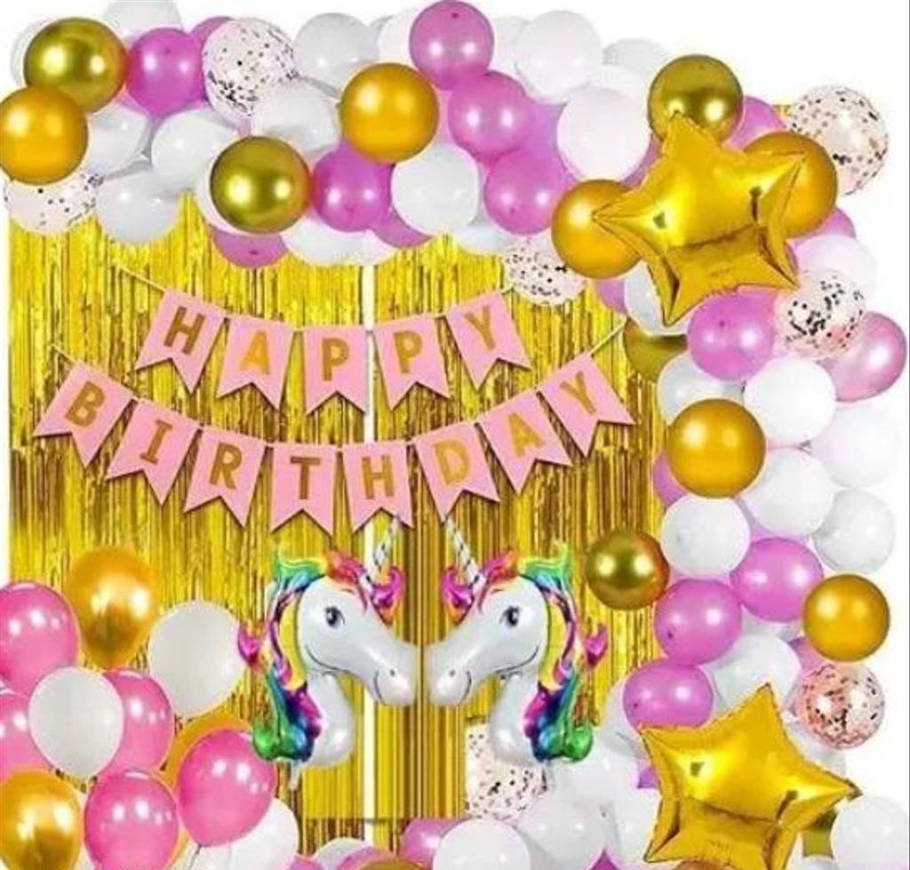 Happy birthday banner 30 pcs balloon gold white 2 pcs golden foil curtian 2 pcs gold star foil balloon 1 pcs ribbon 2 pcs uncrown foil balloon birthday items Lifestyle Room Setup