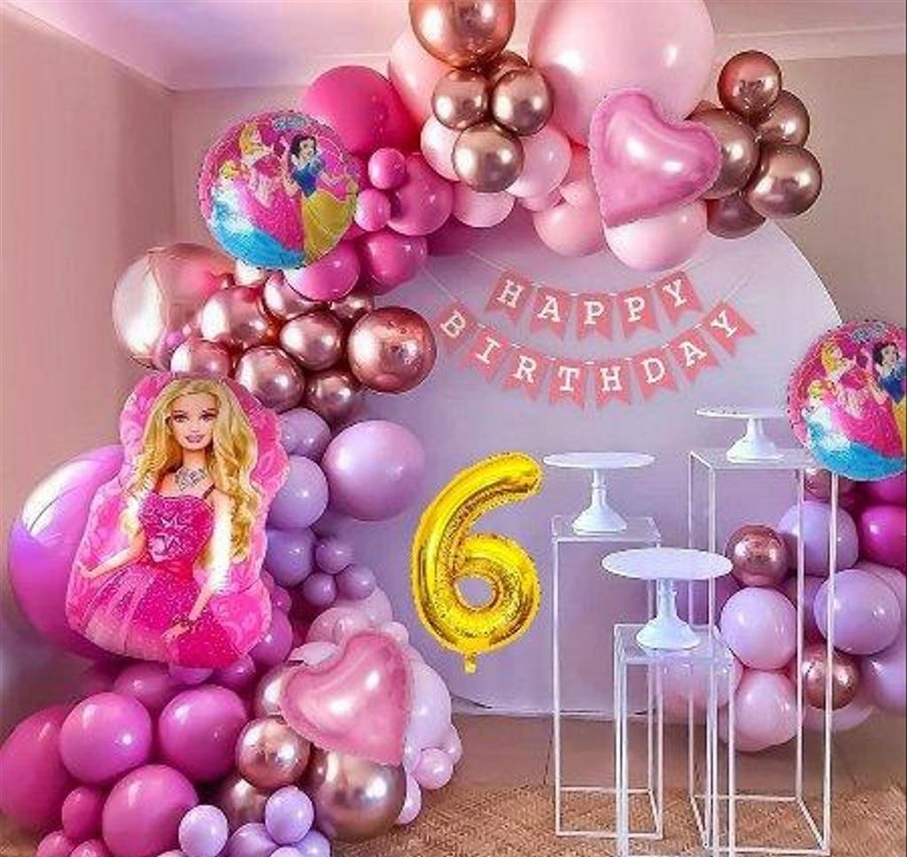 Barbie Theme Birthday Decoration Item For Girls With Pink Princess Birthday Decoration Kit With Barbie Foil Balloon Set, Metallic Pink, Rose Gold, Pastel Pink & Purple Balloons-73 Pcs