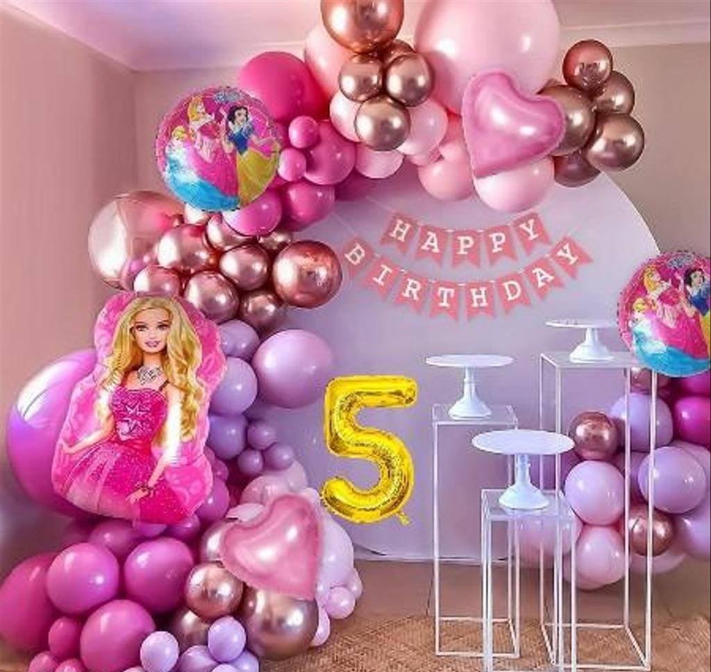 Barbie Theme Birthday Decoration Item For Girls With Pink Princess Birthday Decoration Kit With Barbie Foil Balloon Set, Metallic Pink, Rose Gold, Pastel Pink & Purple Balloons-73 Pcs Lifestyle Room Setup