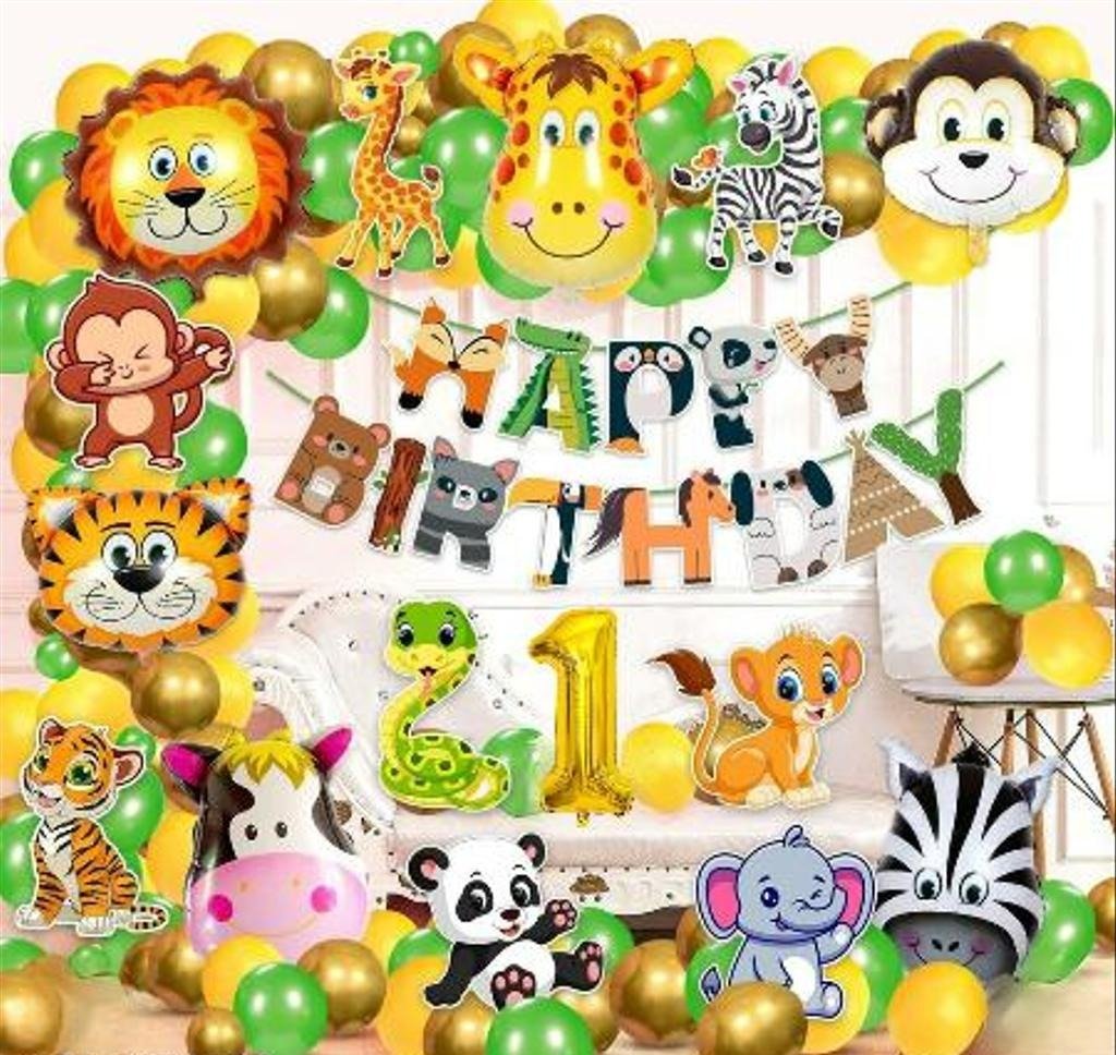New Fancy Happy Birthday Jungle Them Decoration Item For Home | 2nd happy birthday with animal Birthday card banner & animal face foil balloon | extra card cut out banners | 30 pcs gold,yellow green metallic balloons | 1st no. foil balloons Lifestyle Room Setup