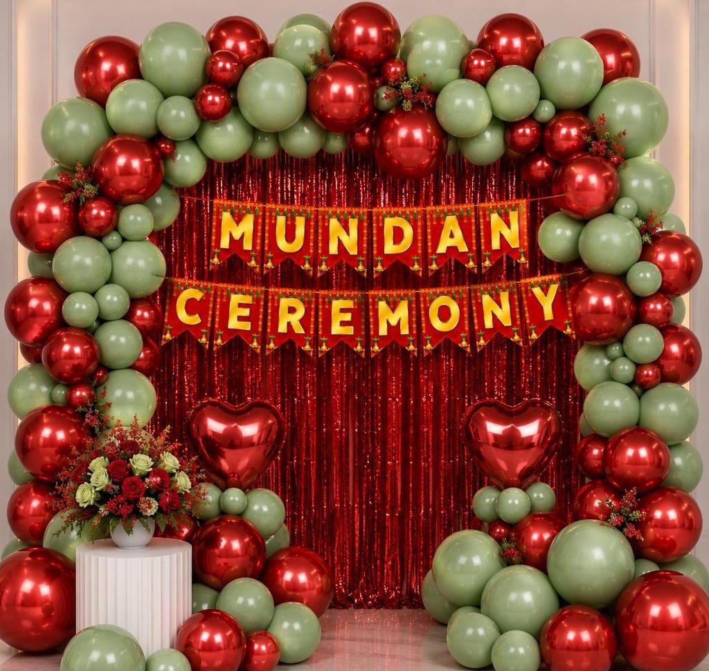 Sage Green and Metallic Red Mundan Ceremony Decor