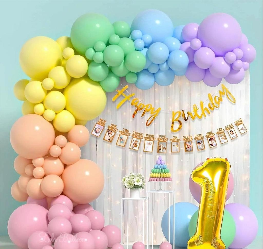 Premium Happy Birthday Pastel balloon Set for first 1st birthday Theme girls kids ( pack of 76, Multicolor) Lifestyle Room View