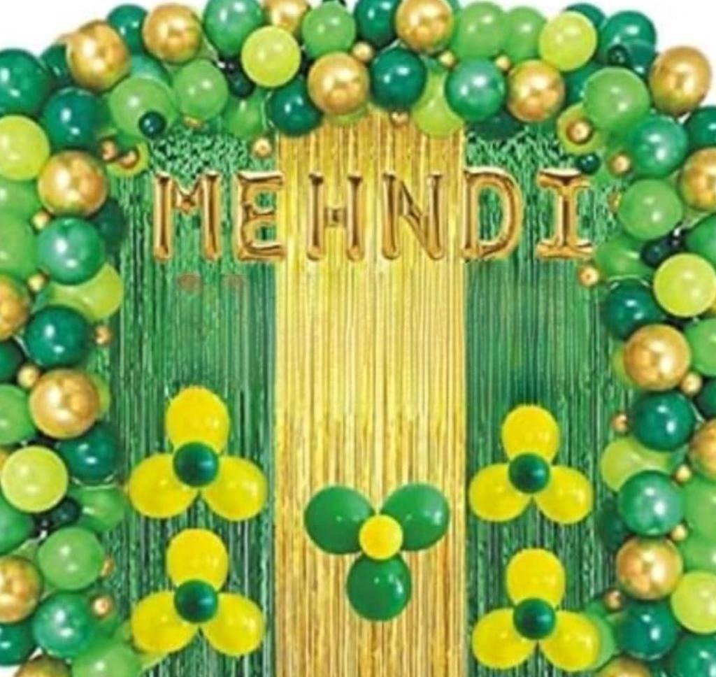 Mehndi Decoration Kit with Green & Gold Balloon Arch, Dual Fringe Curtain & Foil Banner – Party Backdrop Set