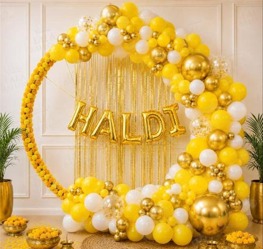 Luxury Yellow, White & Gold Haldi Ceremony Balloon Decoration