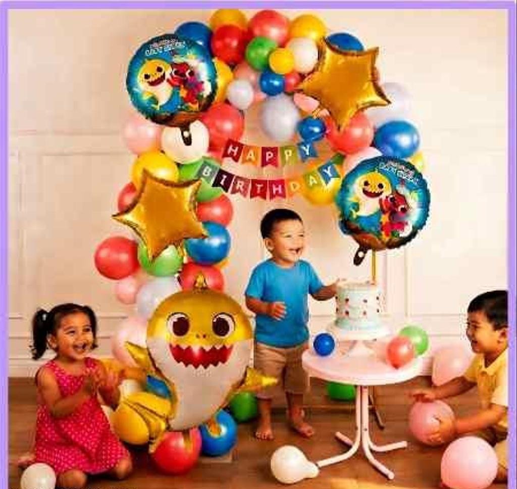 Baby Shark Birthday Decoration Kit with Multicolor Balloon Arch, Gold Star Foil Balloons, Baby Shark Foil Balloons & Happy Birthday Banner for Kids Birthday Party Decorations