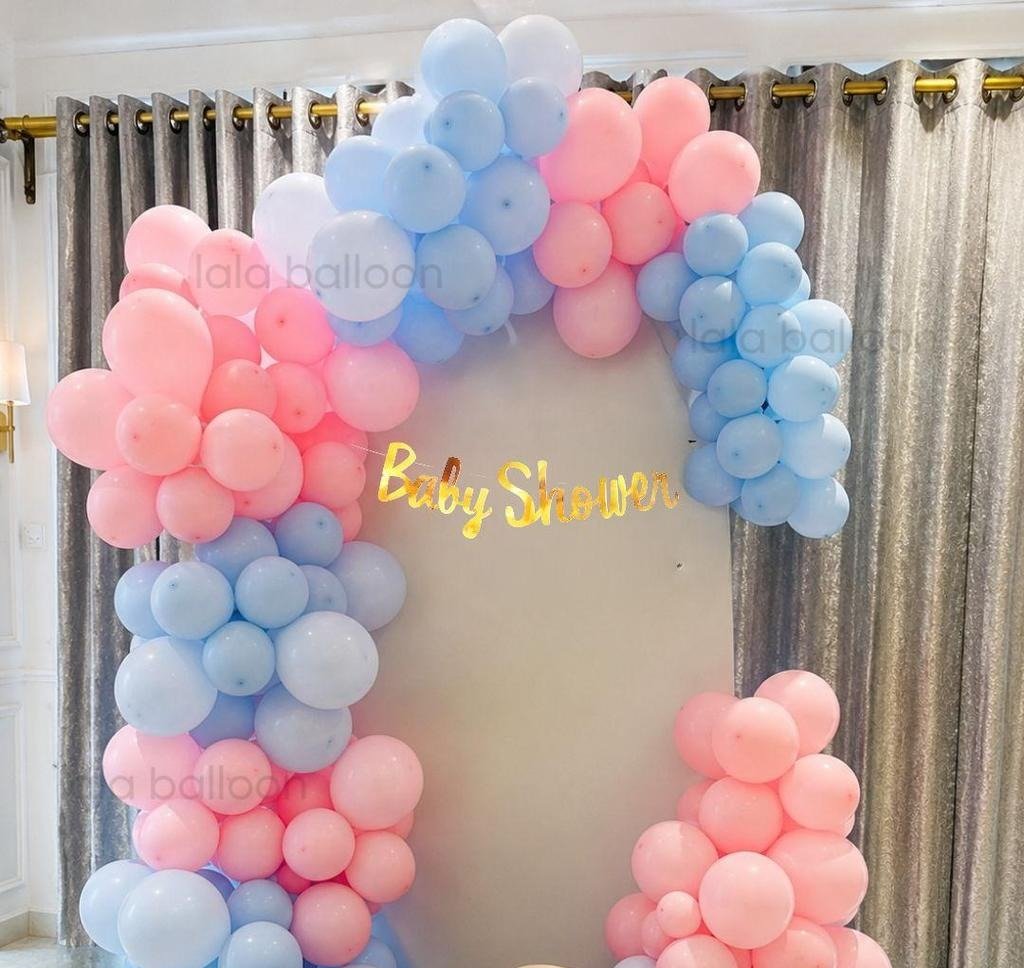 Pastel Pink & Blue Baby Shower Balloon Arch Decoration Kit with Gold Baby Shower Banner | Elegant Balloon Backdrop for Gender Reveal & Baby Welcome Party
