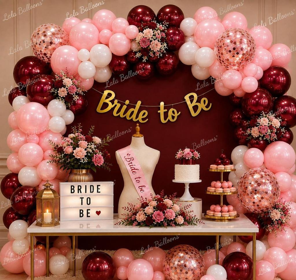 Lala Balloon Burgundy & Pink Bride to Be Decoration Kit – Luxurious Maroon and Blush Pink Balloon Arch with Confetti Balloons, Gold Cursive Banner, and Lightbox Prop