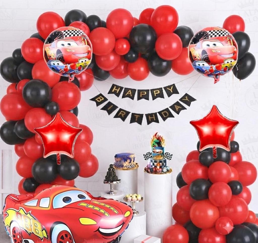 Cars Lightning McQueen Birthday Party Decoration Kit with Red & Black Balloons
