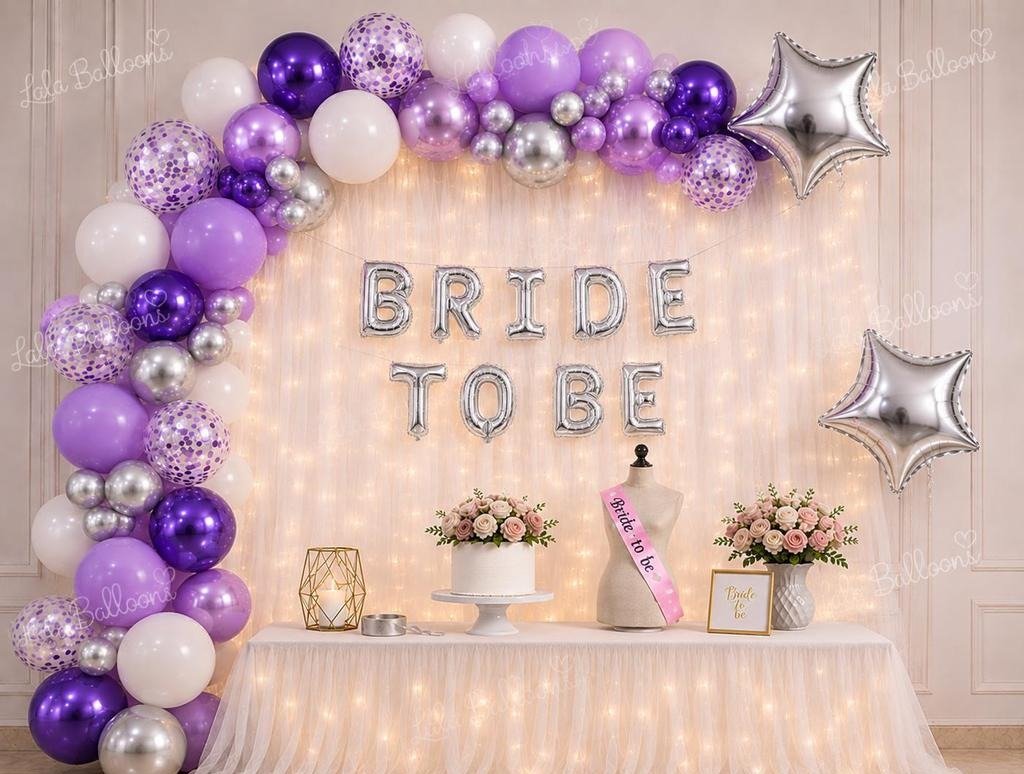 Lala Balloon Bride to Be Decoration Kit with Confetti Balloons – Elegant Purple & Silver Balloon Arch Set with Fairy Lights, Star Foil Balloons, and Party Props