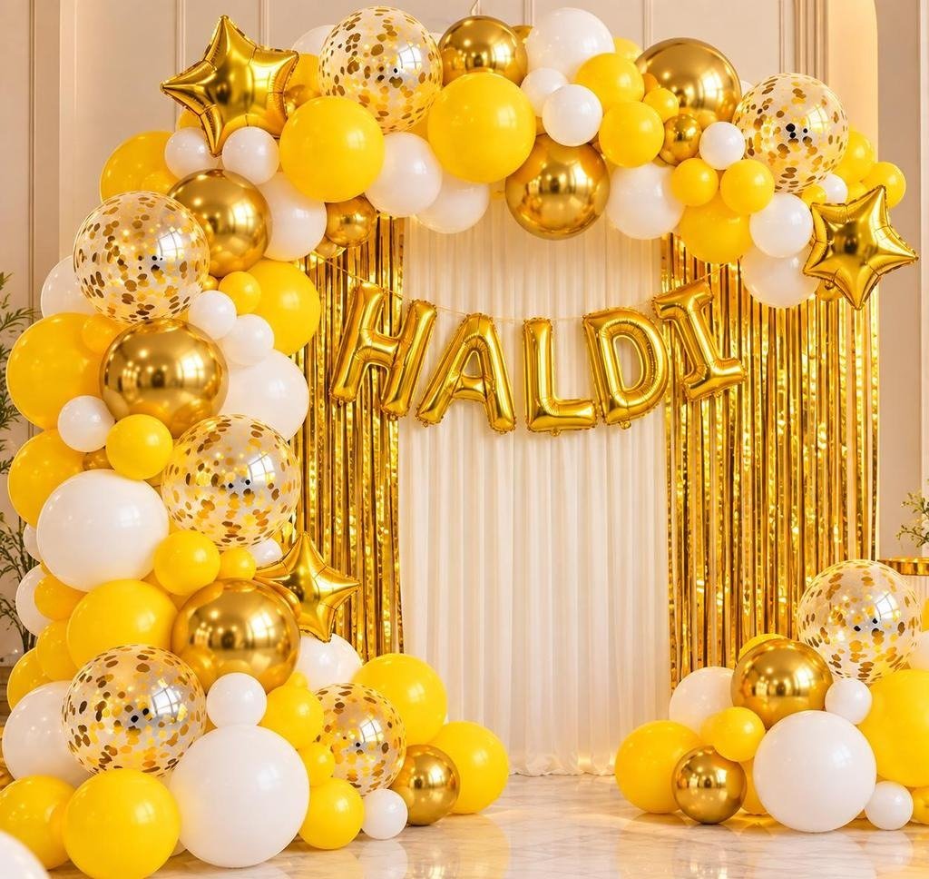 Yellow, White & Gold Haldi Decoration Kit with Gold Chrome Balloons, Gold Confetti Balloons, Star Foil, Haldi Foil Banner & Golden Fringe Curtain | Wedding Haldi Ceremony Decoration