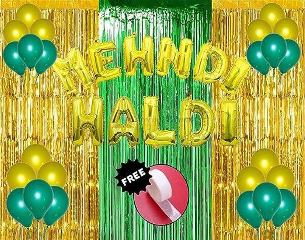 Haldi & Mehandi Decoration set  Haldi Ceremony Decoration , Foil Balloons , Curtains ,Metallic Balloons