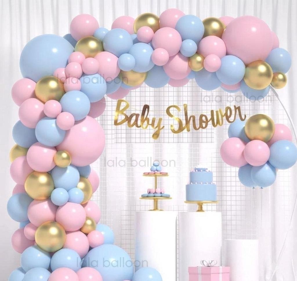 Pastel Baby Shower Balloon Arch Backdrop with Gold Accents