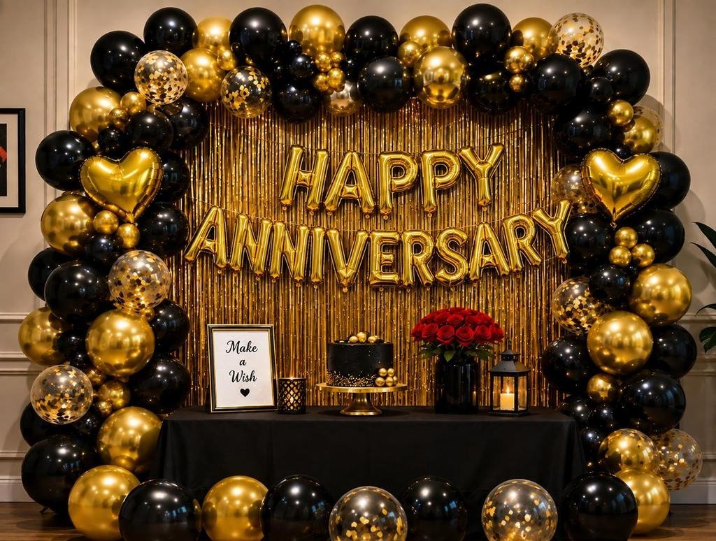 Luxurious Black and Gold Anniversary Celebration Setup