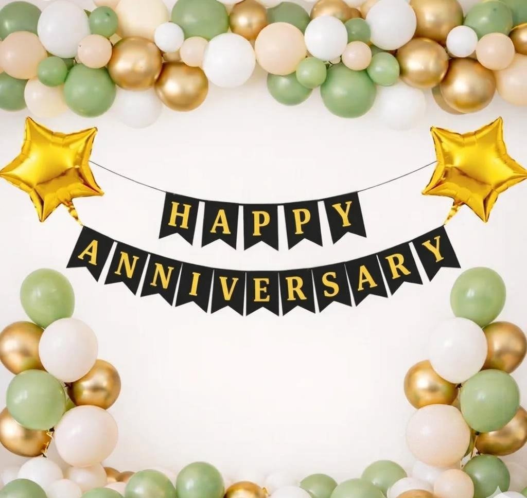 Sage Green, White & Gold Anniversary Decoration Kit with Balloon Arch