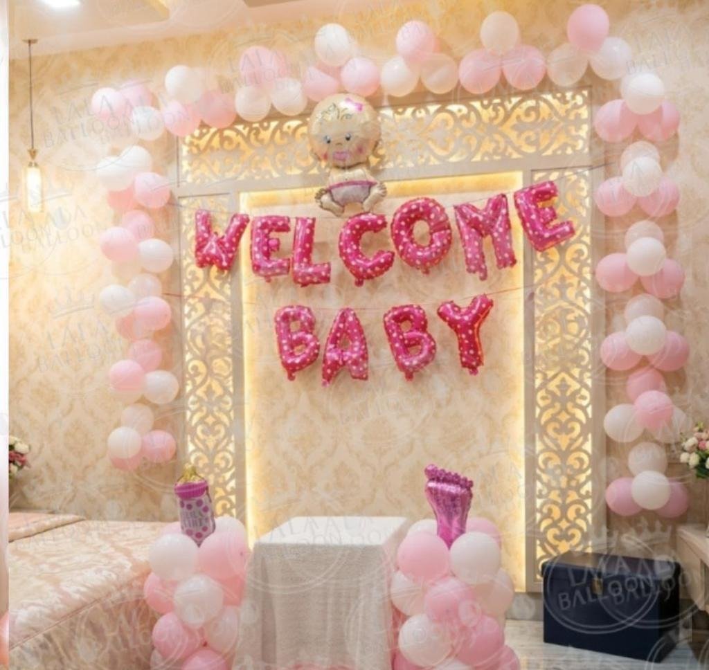 Welcome Baby Girl Decoration Kit – Pink & White Balloon Arch with Baby Foil Balloons for Baby Shower & Newborn Welcome Party