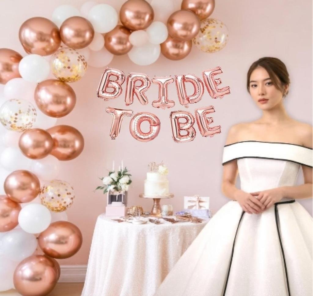 Bride To Be Decoration Kit with Rose Gold Chrome & White Balloon Garland