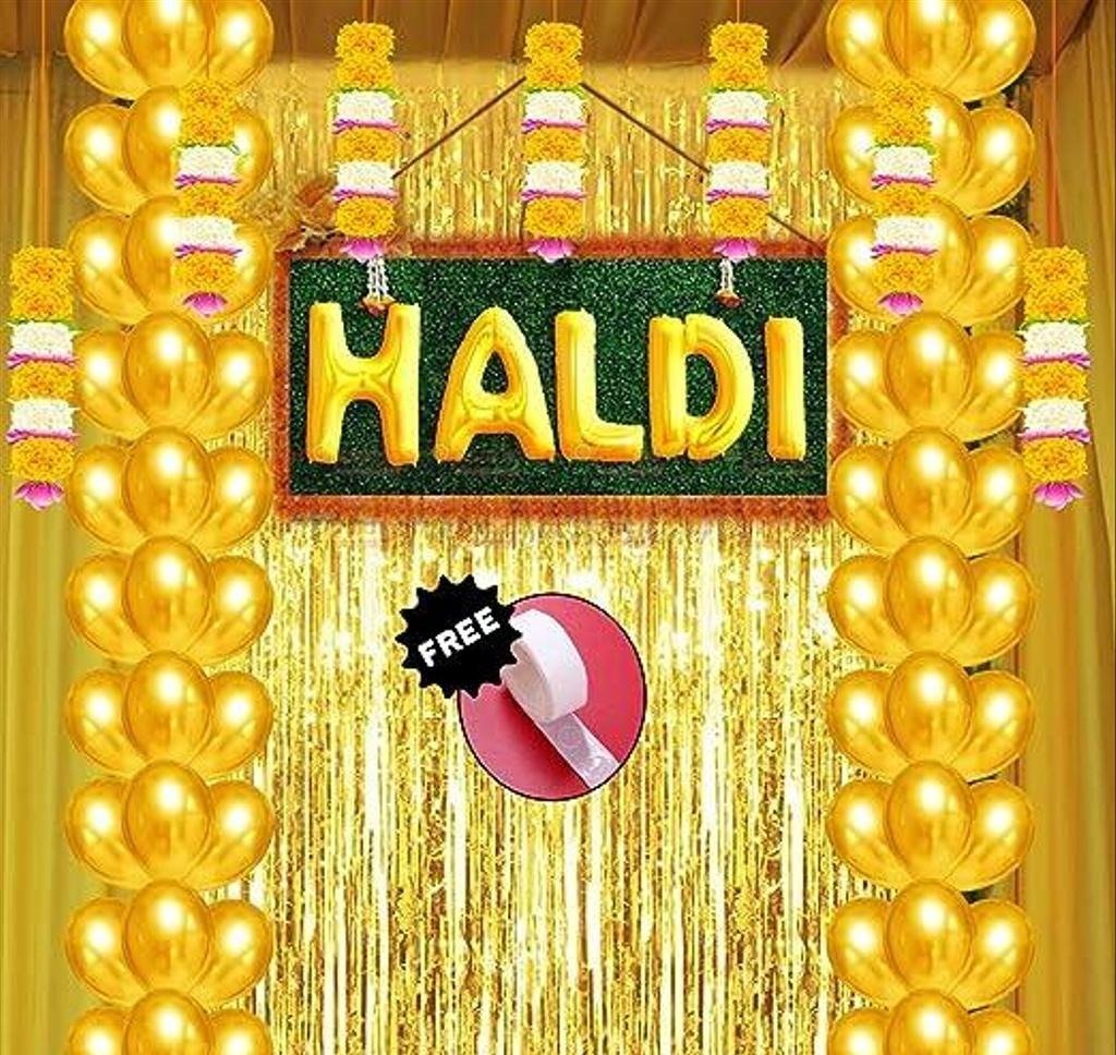 Golden Yellow Metallic Balloons, Haldi Foil Letters Balloons, Gold Fringe Curtains and Glue Dots Haldi Decoration Set for Wedding/Girls - Pack of 48