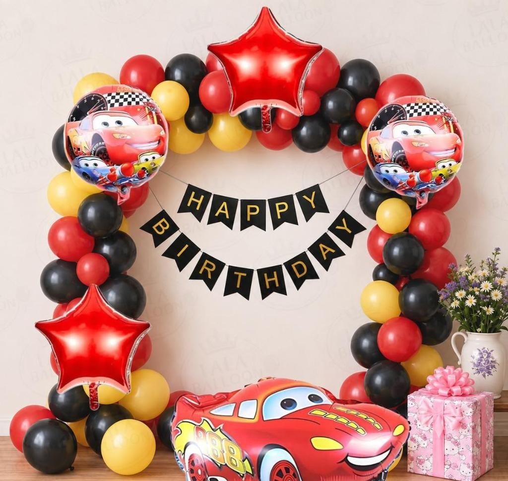 Cars Lightning McQueen Birthday Party Decoration Kit with Red, Black & Yellow Balloons