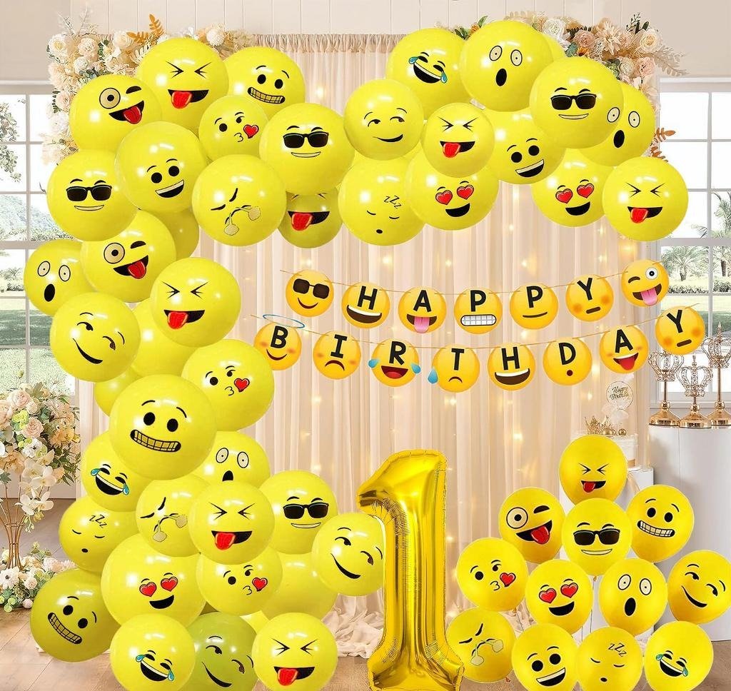 Yellow Smiley Emoji Balloon Adorable Large 1st Birthday Theme Birthday Decoration Kit Girls & Boy (59pcs)