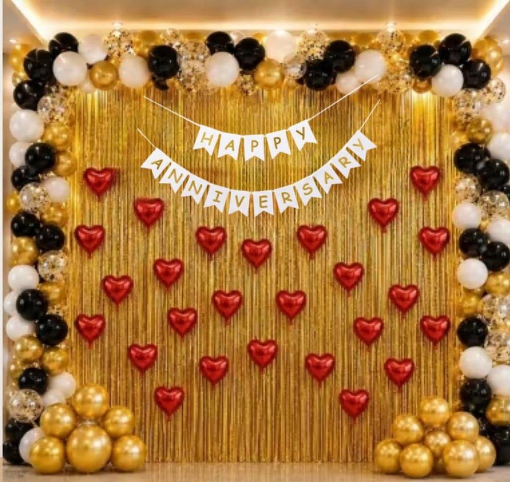 Black, White & Gold Anniversary Decoration Kit with Gold Fringe Curtain, Happy Anniversary Banner, Heart Foil Balloons & Balloon Garland