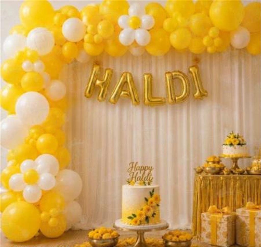 Beautiful Yellow & White Haldi Ceremony Decoration with Balloon Garland