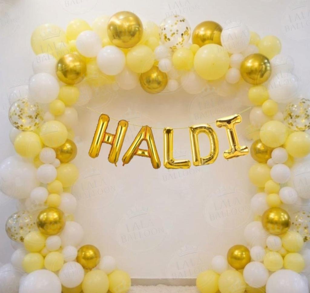 Yellow, White & Gold Haldi Balloon Decoration Arch