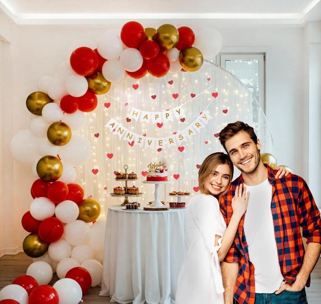 Red, White & Gold Anniversary Balloon Arch Decoration Kit with Fairy Lights,