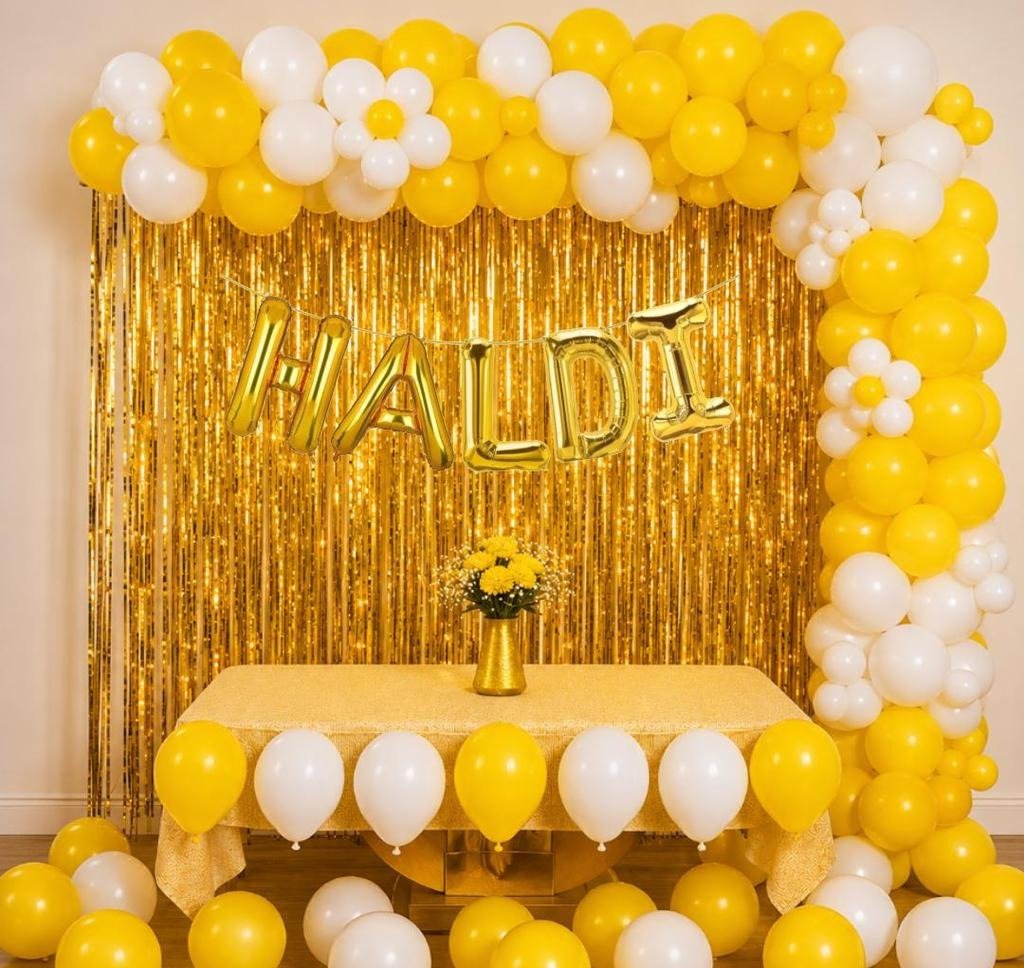 Yellow & White Haldi Ceremony Balloon Decoration with Golden Fringe Backdrop