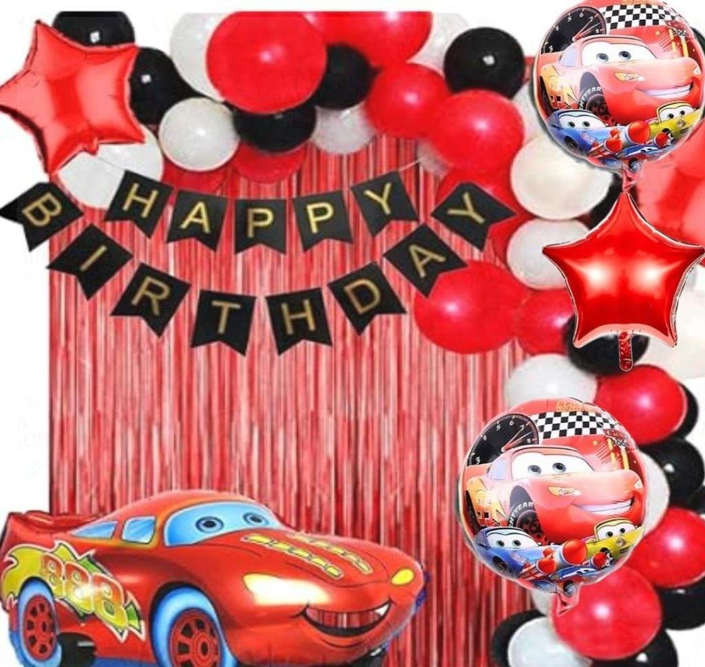 Disney Cars Lightning McQueen Birthday Party Decoration Kit with Red Fringe Curtain