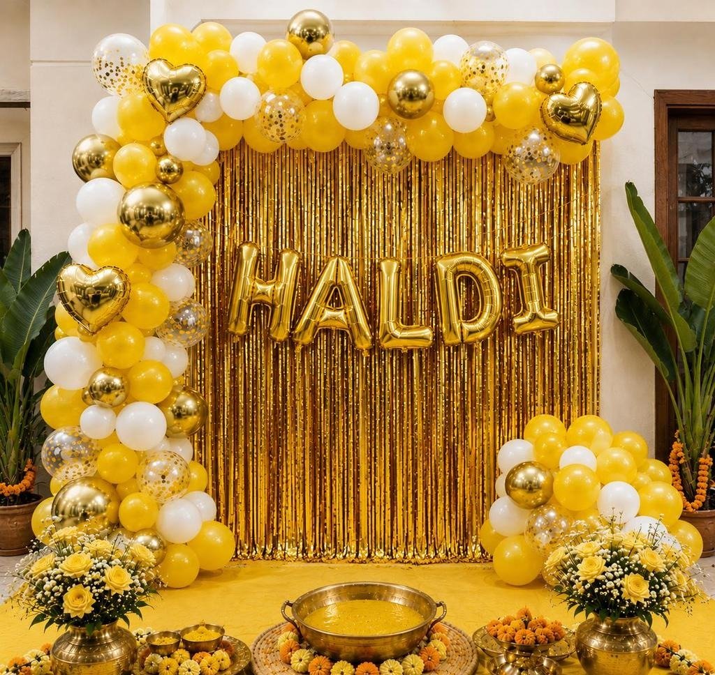Elegant Yellow & Gold Haldi Ceremony Decoration with Balloon Garland