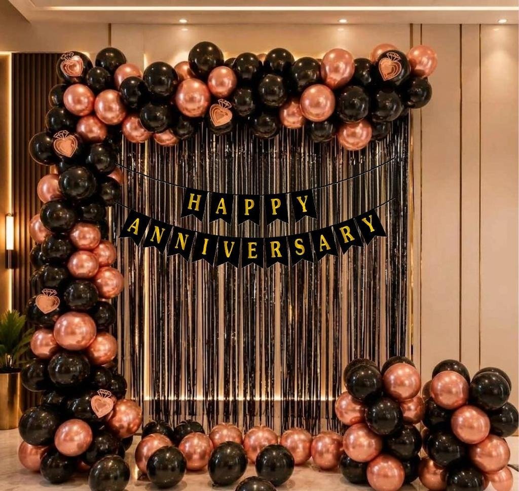 Black & Rose Gold Anniversary Decoration Kit with Balloon Arch,