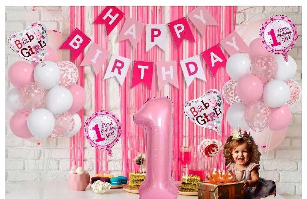 Adorable Large 1st Birthday Theme Birthday Decoration Combo Kit for Girls (32pcs)