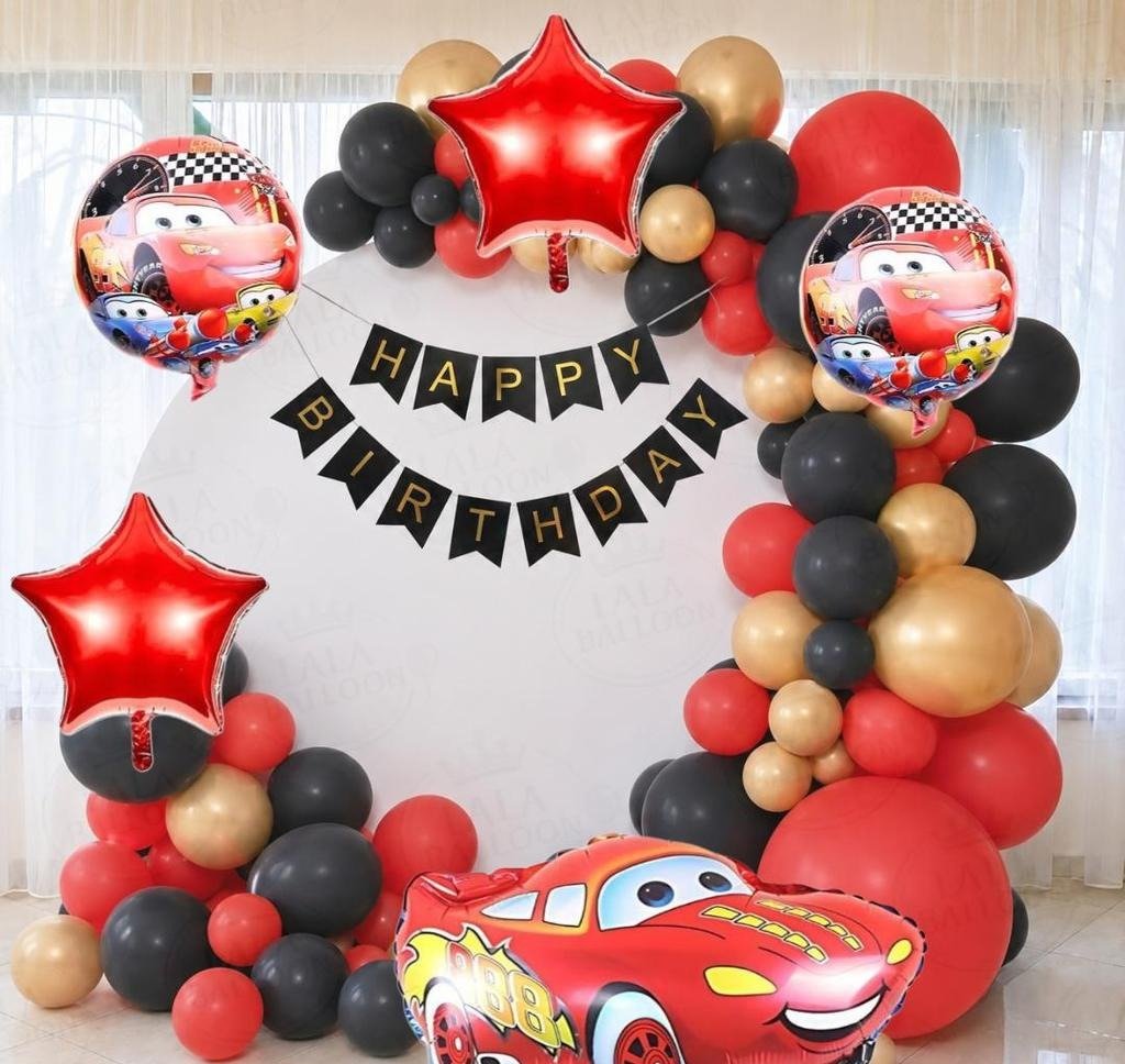  Cars Lightning McQueen Birthday Party Decoration Kit with Red, Black & Gold Balloons