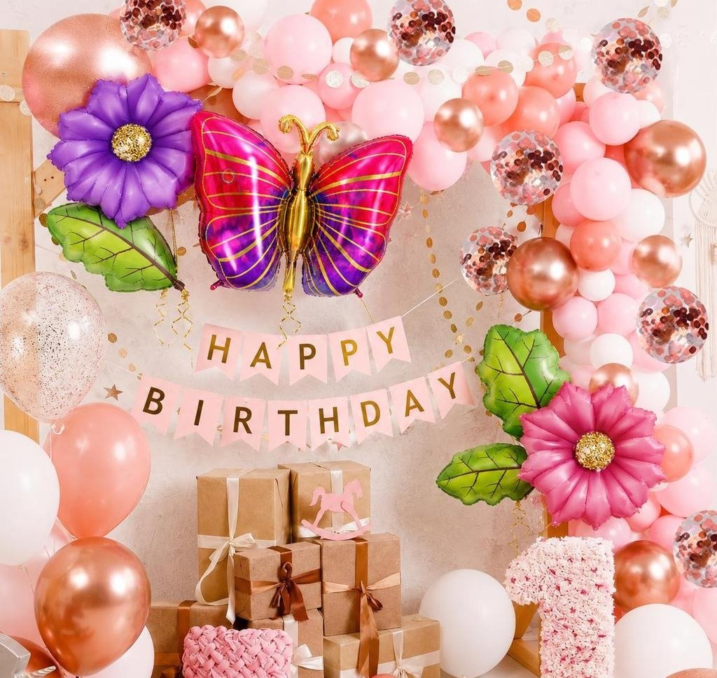 Whimsical Butterfly and Floral First Birthday Balloon Arch Display