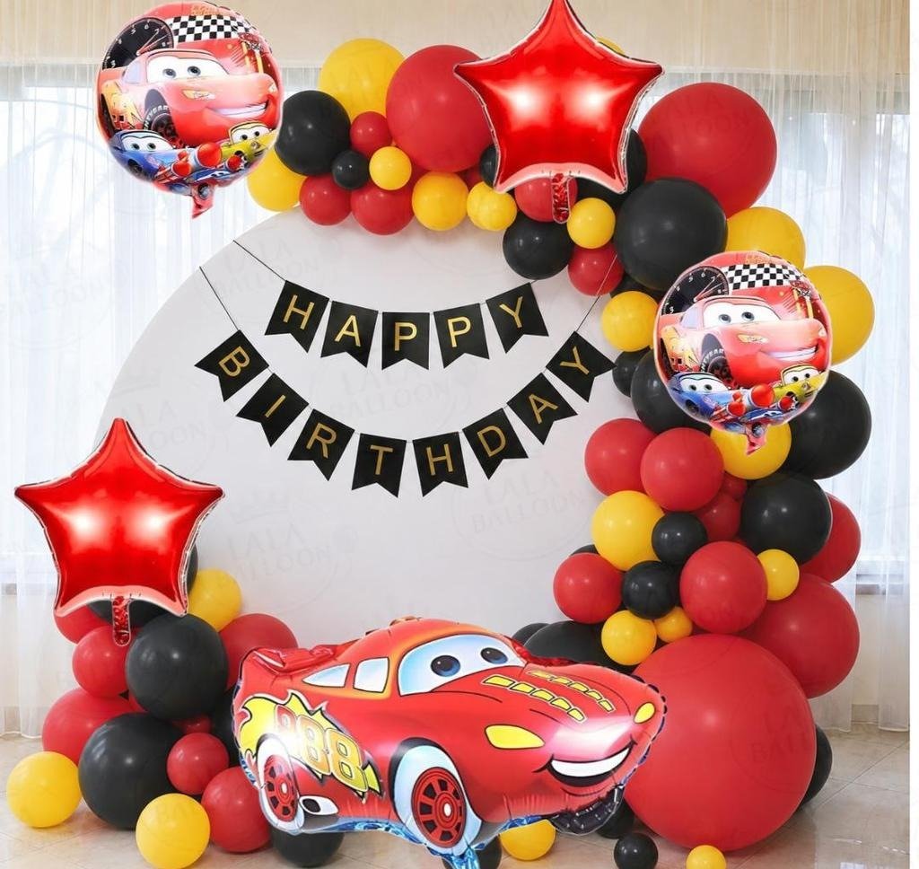 Disney Cars Lightning McQueen Birthday Party Decoration Kit with Red, Black & Yellow Balloons