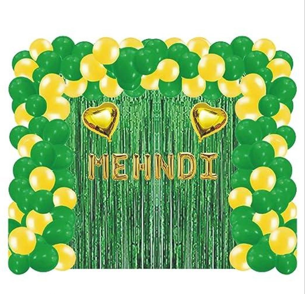 Mehndi Ceremony Decoration Pack of 47 Pcs. Kit contains 1 Mehndi Foil 2 Green Curtains 40 Balloons (20 Yellow, 20 Green) 2 Gold Heart Foils 1 Arch & 1 Glue Dot