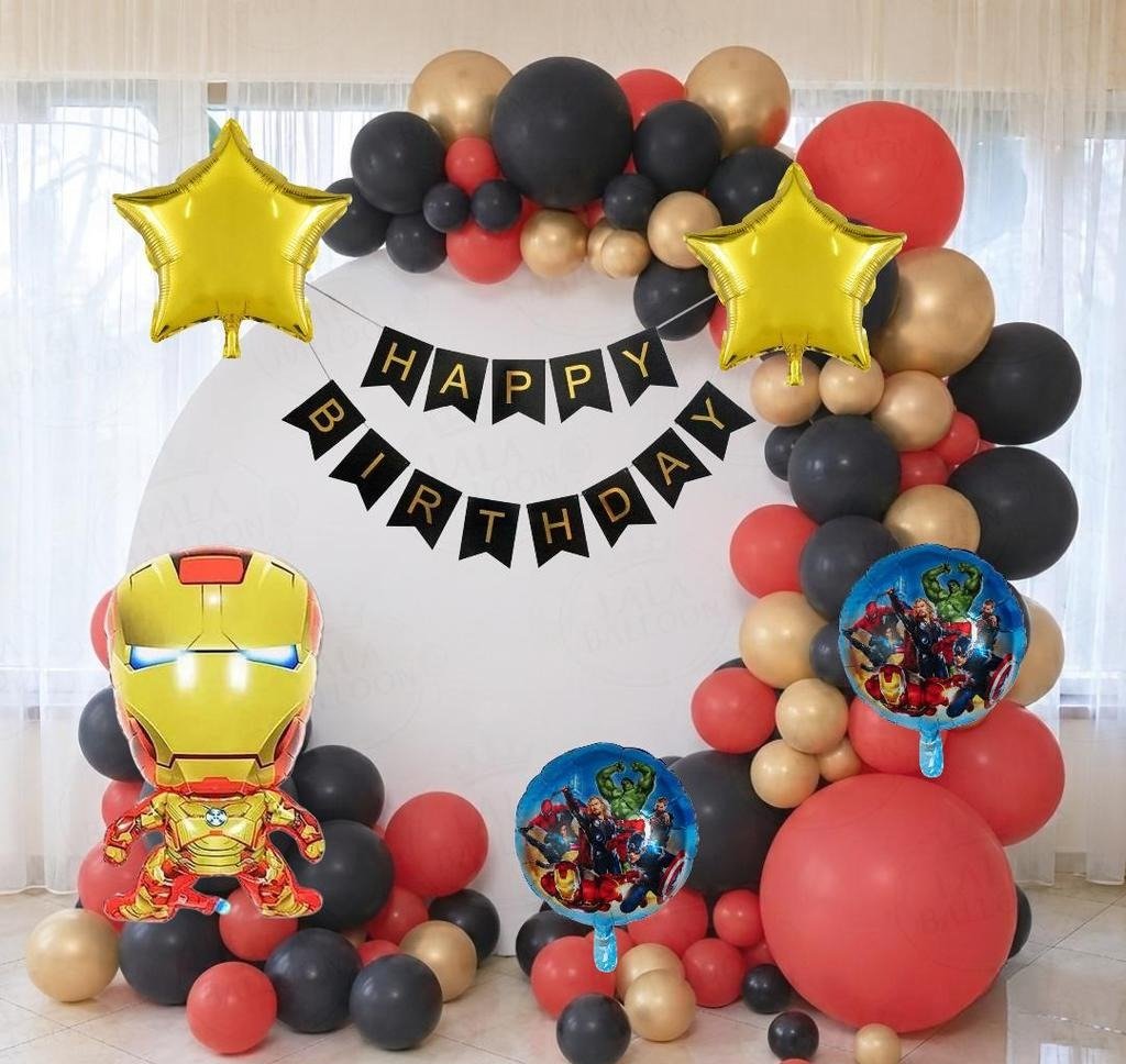 Avengers Superhero & Iron Man Birthday Party Balloon Garland & Round Backdrop Kit (Black, Red & Gold Theme)