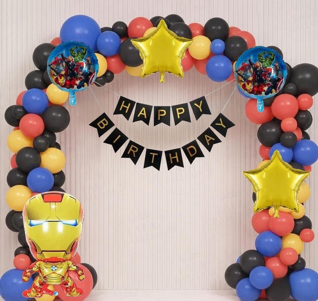 Avengers Superhero & Iron Man Birthday Party Balloon Garland & Backdrop Kit (Black, Red, Blue & Yellow Theme)