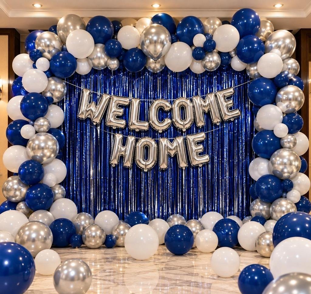 Welcome Home Decoration Kit | Blue Silver White Balloon Arch with Welcome Home Foil Balloons & Blue Foil Curtain
