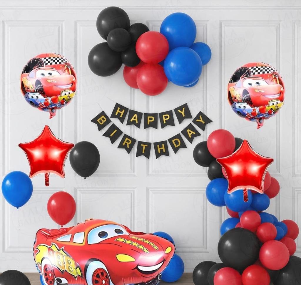 Cars Lightning McQueen Birthday Party Decoration Kit with Red, Black & Blue Balloons