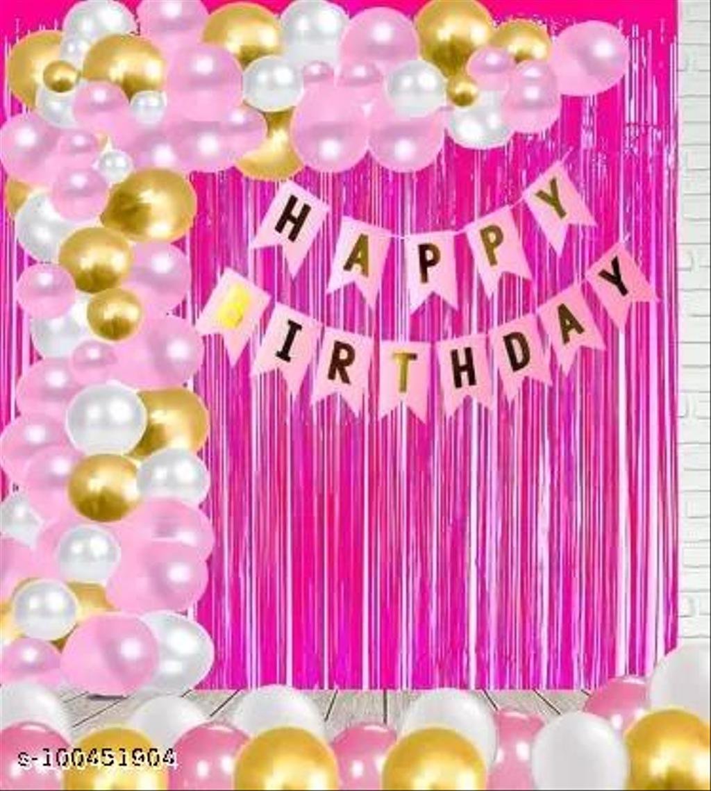 Solid Happy Birthday Pink Banner Balloons & Curtain Foil With 50 metallic balloons Decoration kit for Girls / Boys Kids Balloon  (Pink, Gold, White, Pack of 53)