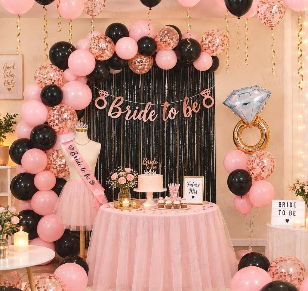 Bride To Be Decoration Kit | Pink & Black Balloons, Rose Gold Confetti & Ring Foil