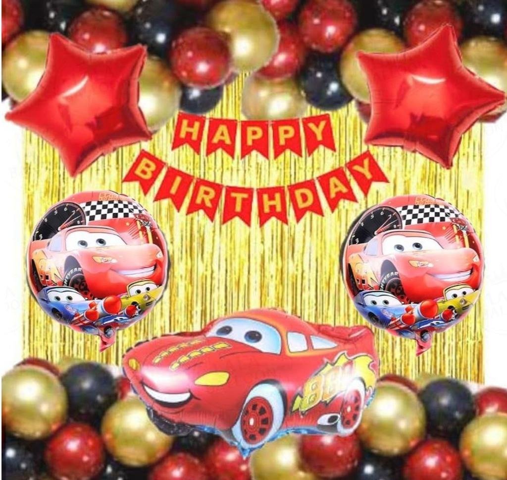Disney Cars Lightning McQueen Birthday Party Decoration Kit with Gold Fringe Curtain