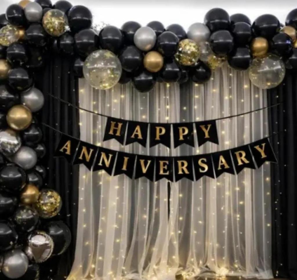 lack & Gold Anniversary Decoration Kit with Happy Anniversary Banner,