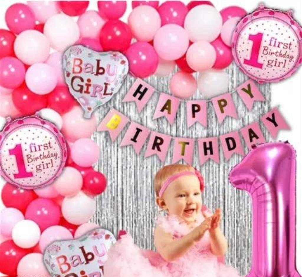 1st Birthday Decorations for Girls - 30pc Balloons, 1 Birthday Banner, First birthday girl foil balloon set of 5 , 2pc Silver Curtains ( Pink First Theme Birthday Decoration for Girls )