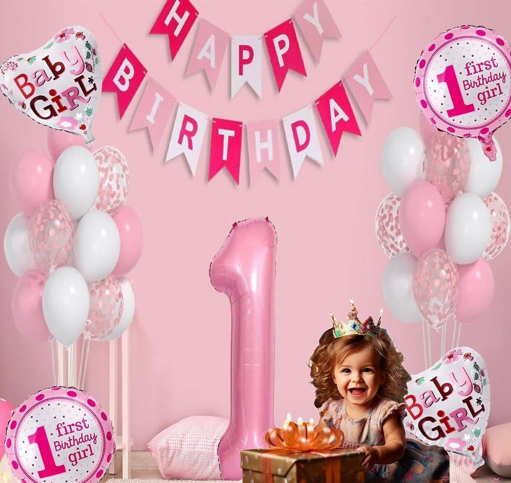 Adorable Large 1st Birthday Theme Birthday Decoration Combo Kit for Girls (32pcs)